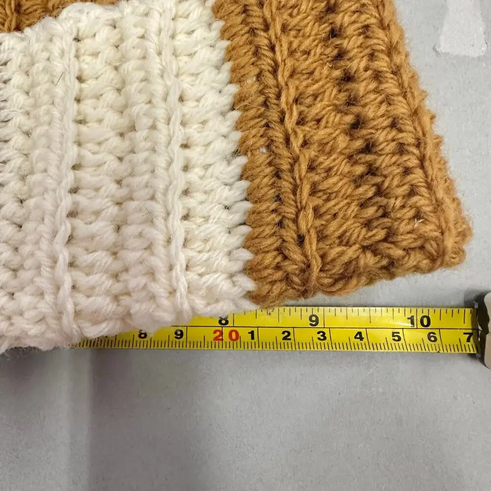 Handmade knit colorblock ivory and golden mustard checkered stocking hat beanie
